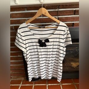 Karl Lagerfeld Black and White Striped Tee with Pearl Beaded Bow Detail Size L